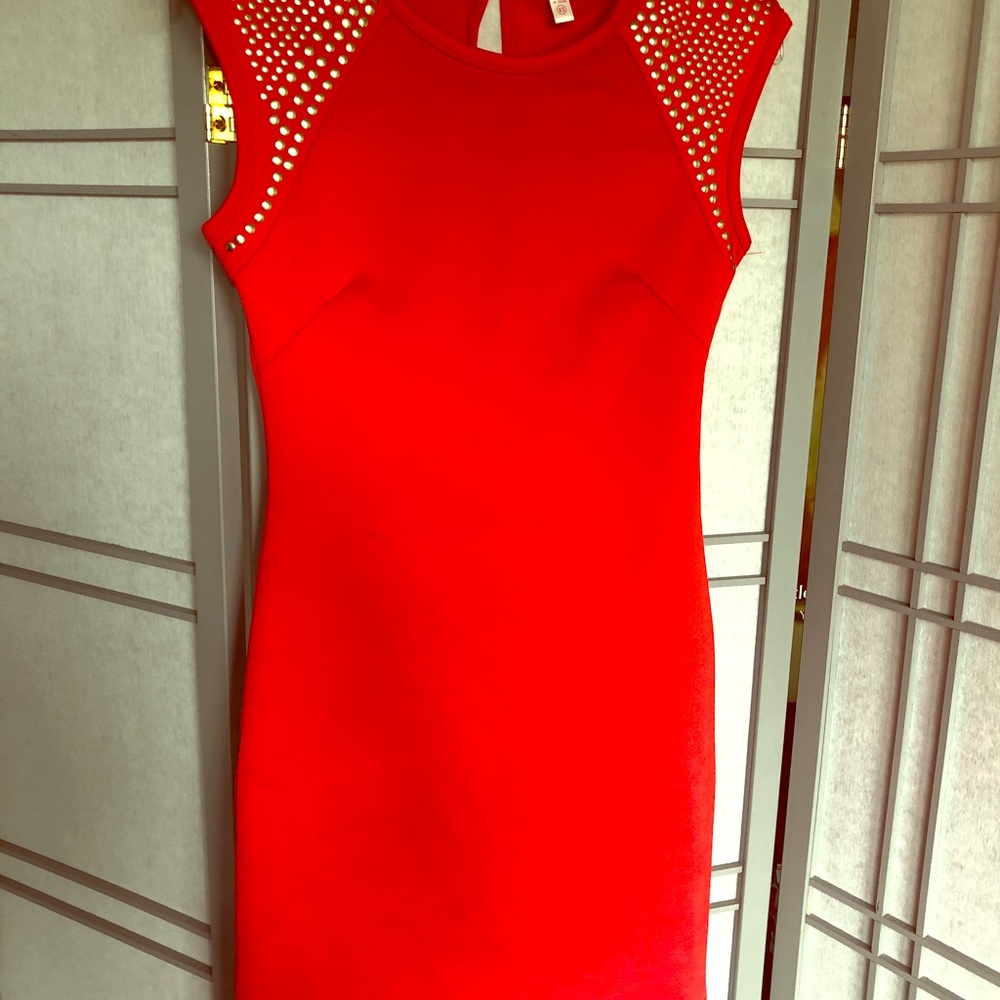 Bright red cocktail dress w/ gold studded shoulder